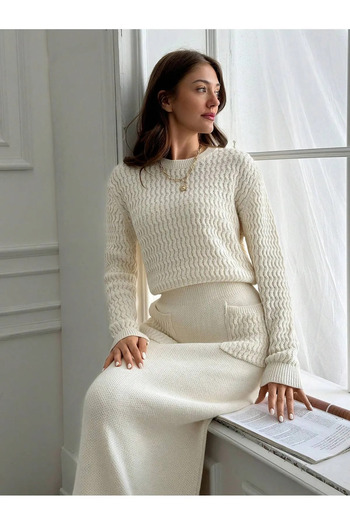 Puella Women's Floor-Length Cream Hair Braided Sweater Knitwear Set