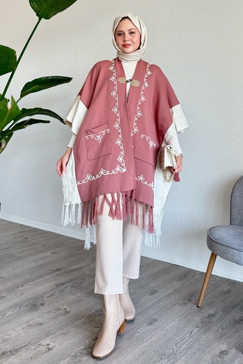 InStyle Kordine Embroidery Tasseled Dusty Rose Knitwear Poncho