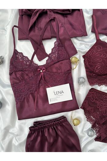 Lena Homewears Mürdüm Vanessa Kadın Saten Gecelik Sabahlık Çeyiz Seti