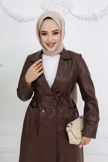 benguen Brown Leather Pocket Trench Coat 4952