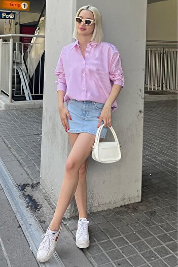 Madmext Pembe Çizgili Over Fit Gömlek Mg1525