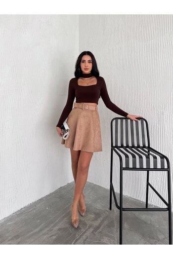 Ozy Fashion Жіноча відкрита коричнева міді-спідниця з поясом із замші
