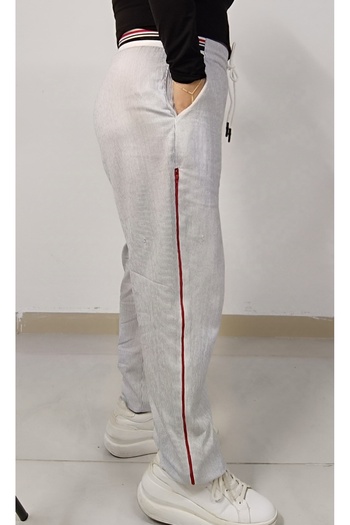 AKŞEN GİYİM Large Size Cotton Linen Stripes Side Zipper Detail Waist Lace Pant