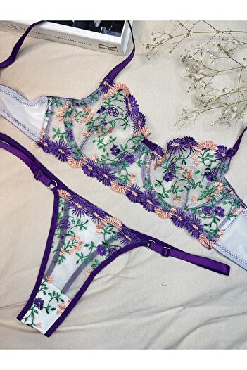 ROZENİN LINGERIE Μωβ Πράσινη Δαντέλα Σετ σουτιέν από τούλι χωρίς καπάκι (ΣΟΥΤΙΕΝ ΣΤΡΙΝΓΚ)