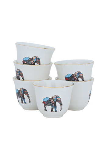 Alsaif Gallery A set of white Arabic coffee cups with elephant pattern, 6 pieces