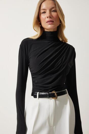 TENA Women's Black Stand Collar Shoulder Waist Draped Blouse