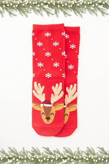 Katia&Bony Red Women's Socks - Deer Patterned New Year's Eve