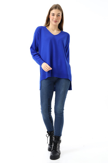 Devinka Blue V-Neck Long Sleeve Thin Woven Oversize Knitwear Sweater
