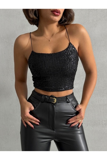 The Base Women's Black Sequined Lined Rope Strap Crop
