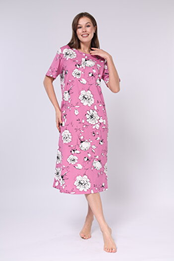 Mio Vero Fuchsia Floral Print - Button Placket Neck - Short Sleeve - Women's Nightgown - 100% Cotton