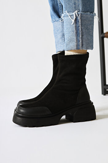 Limoya Juna Black Suede Skin Leather Detailed Socks, Stretch γυναικείες μπότες, γυναικείο μποτάκι