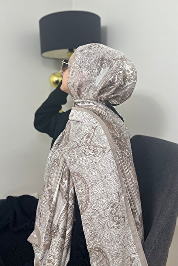Merve Nayir Mink Colored Ethnic Patterned Double Sided Wide Silk Voile Shawl