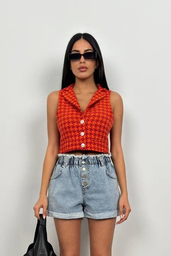 bayansepeti Orange Houndstooth Patterned Button Detailed Shirt Collar Crop Vest 23s12002