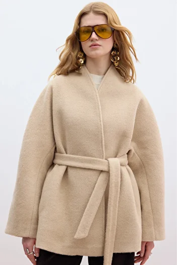 Manuka Coffee Color Milk Thick Stamped Kimono Coat