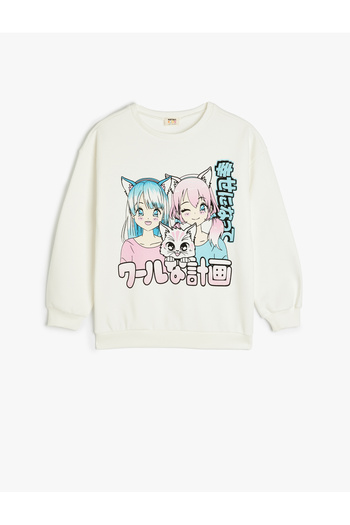 Koton Anime bedrucktes Langarm-Sweatshirt aus Baumwolle mit Rundhalsausschnitt