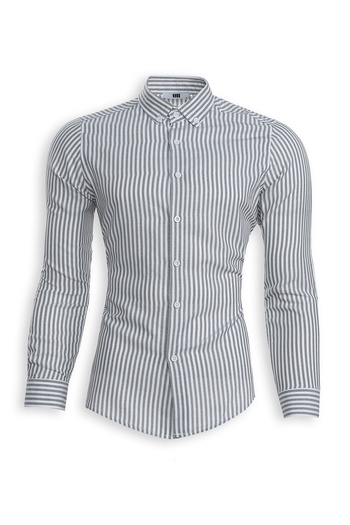 King Brothers Grey Striped Slim Fit Plain Cotton Tie Collar Long Sleeve Men's Classic Shirt
