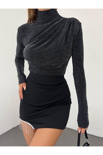 Diviny Rhinestone Stand Collar Shoulder Draped Blouse