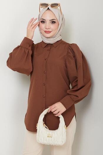 hafsamina Hm2639 Model Brown Balloon Sleeve Shirt