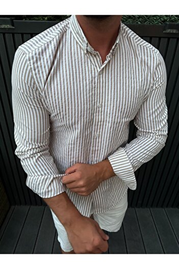 King Brothers Beige Men's Shirt - Thick Striped, Long Sleeve, Slim Fit
