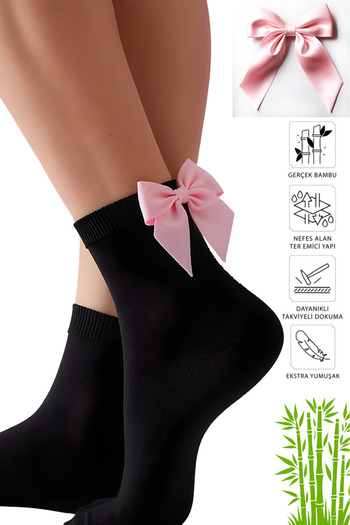 MySire Bamboo Black Socks with Pink Bow - Seamless Toe, Soft White Women's Socks