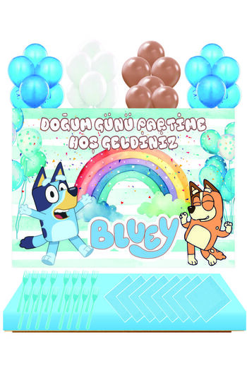 Masal Şekerleme Bluey 16 Kişilik Afişli Doğum Günü Seti Pasta Süsü Dahil