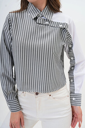 bacc Women's Gray Special Design Striped Crop Poplin Woven Shirt Bc24Yg1069Cc