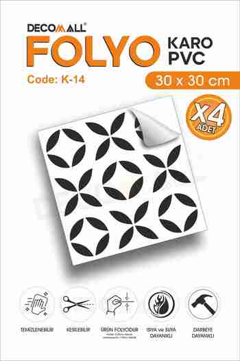 DECOMALL CodeK-14 Kendinden Yapışkanlı FOLYO KARO Suya Dayanıklı Mutfak Banyo Zemin Kaplama 30x30 Cm(4 ADET)