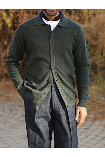 hateko 100% Cotton Khaki Waffle Knitted Shirt Collar Knitwear Cardigan