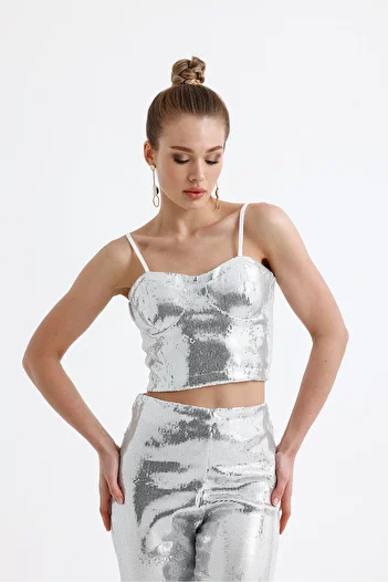 Sense Silver Globe Sequin Sequin Bustier with Zipper - Bus32675