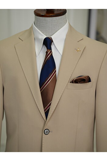 LONATOLİA Men's Premium Italian Style Slim Fit Beige Jacket - Punto Stitching, Bag Pocket, Half Lined