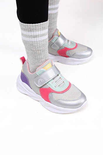 kids A more Roya Single Velcro Air Mesh Detailed Anatomical Girl's Sports Shoes Silver Color