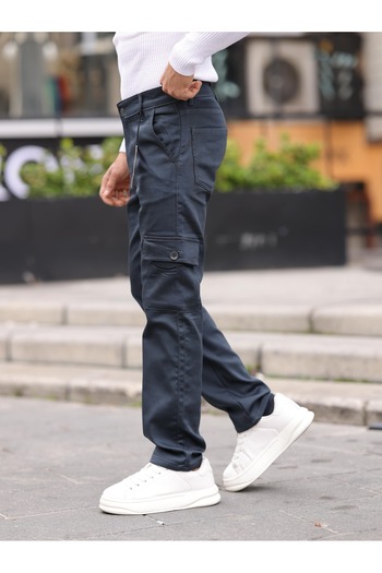 WKM Men's Baggy Fit Casual Jeans Non-Denim Cargo Pocket Trousers