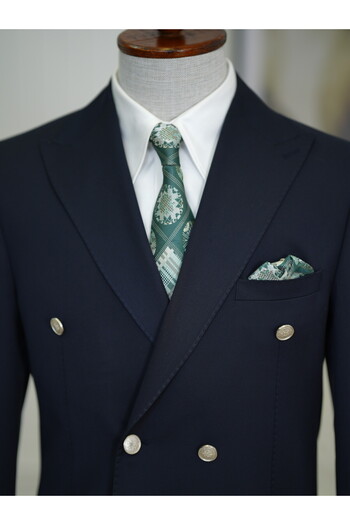 LONATOLİA Men's Premium Italian Style Slim Fit Punto Stitched Bag Pocket Half Lined Double Breasted Jacket - Navy
