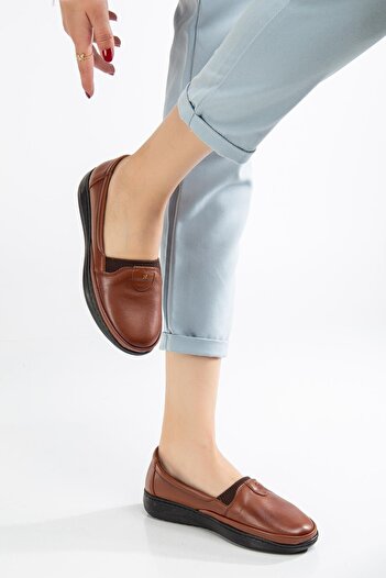 Dilimler Ayakkabı Genuine Leather Women's Orthopedic Casual Shoes - Tan Flat Model