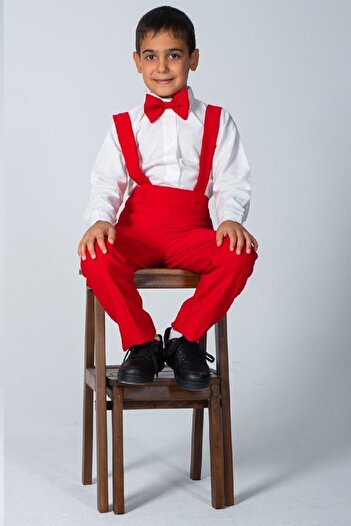 KÜÇÜĞÜM BUTİK Red Boy's Salopet and Bow Tie Set (Salopet-Bowknot)