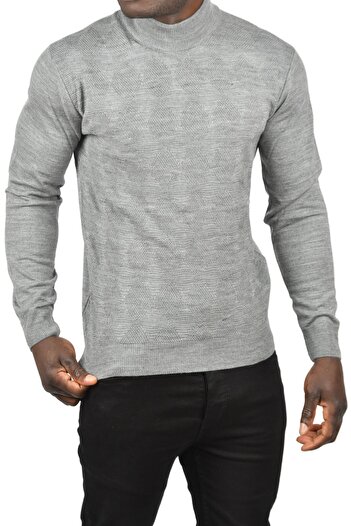 DeepSEA Men's Anthracite Slim-Fit Diamond Print Half-Neck Collar Knitwear Half Turtleneck Sweater 2