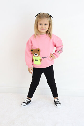 Pijamella Girls' Bear Embroidered 2-Piece Set Oversize Sweatshirt Top-Lycra Leggings