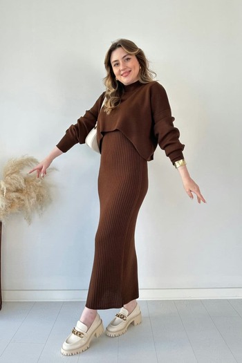 trendalisse Brown Bolero Short Sweater Maxi Length Knitwear Dress Set