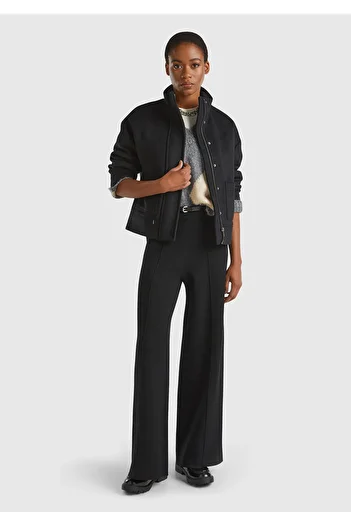 United Colors of Benetton Women's Black Viscous Blended Stitching Detailed Elastic Waist Palazzo Pants