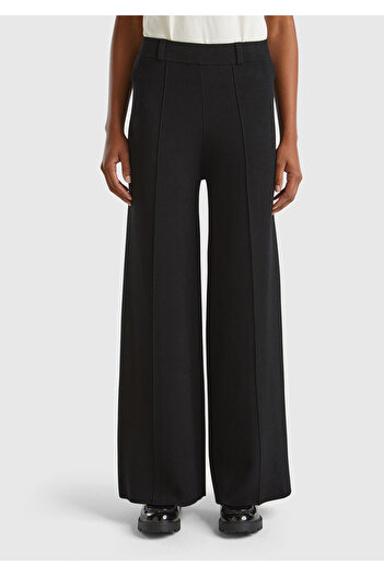 United Colors of Benetton Women's Black Viscous Blended Stitching Detailed Elastic Waist Palazzo Pants