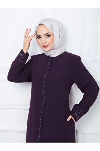 Neva Style Ön Ve Kol Taşlı Büyük Beden Ferace