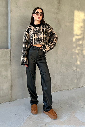 Seda Yalçın Atelier Black Wide Leg Leather Trousers