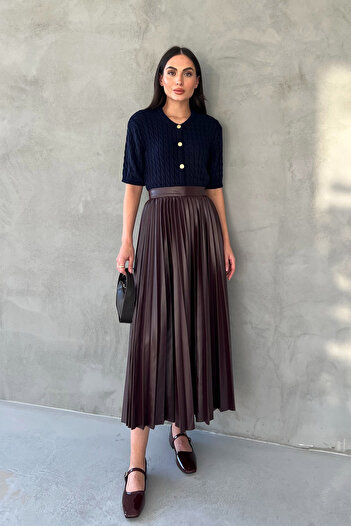 Seda Yalçın Atelier Burgundy Pleated Midi Leather Skirt