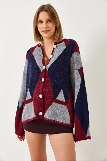 Bianco Lucci Women's Diamond Patterned Oversize Knitwear Cardigan 4021 60261248