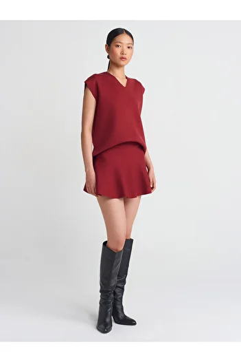 Dilvin 80120 Elastic Waist Flounce Knitwear Skirt-Claret Red