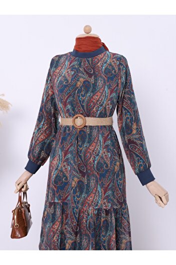 Modamorfo Emerald Colored Ethnic Print Piece Chiffon Dress