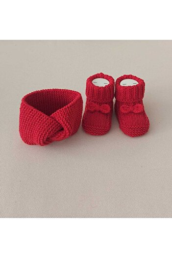 BEGİN Kırmızı Yenidogan Hediyelik Bebek El Örgü Akrilik Yün Panduf Patik ve Bandana Takım 0-12 Ay
