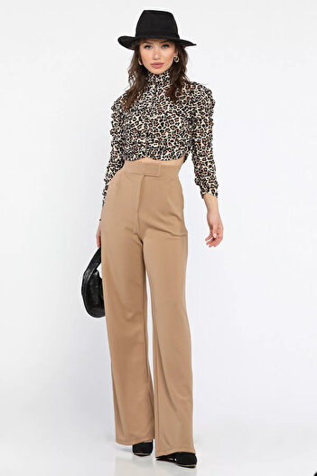 GÜLSELİ Biscuit Women's High Waist Velcro Wide Leg Palazzo Pants