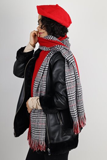 MinaCarin Women's Red French Felt Painter Beret and Double Sided Scarf Combo