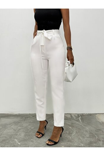 Modamorfo Ecru Belted Ankle Trousers